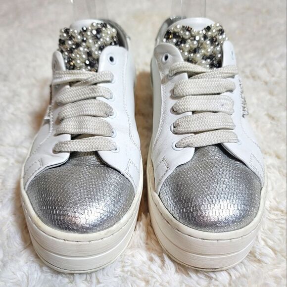 Replay White & Silver Platform Embroidered Heart Sneakers RZ860003L - Picture 2 of 11